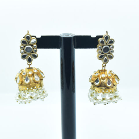 Pearl & Zircon Kundan Jhumka Earrings – 24K Gold Plated