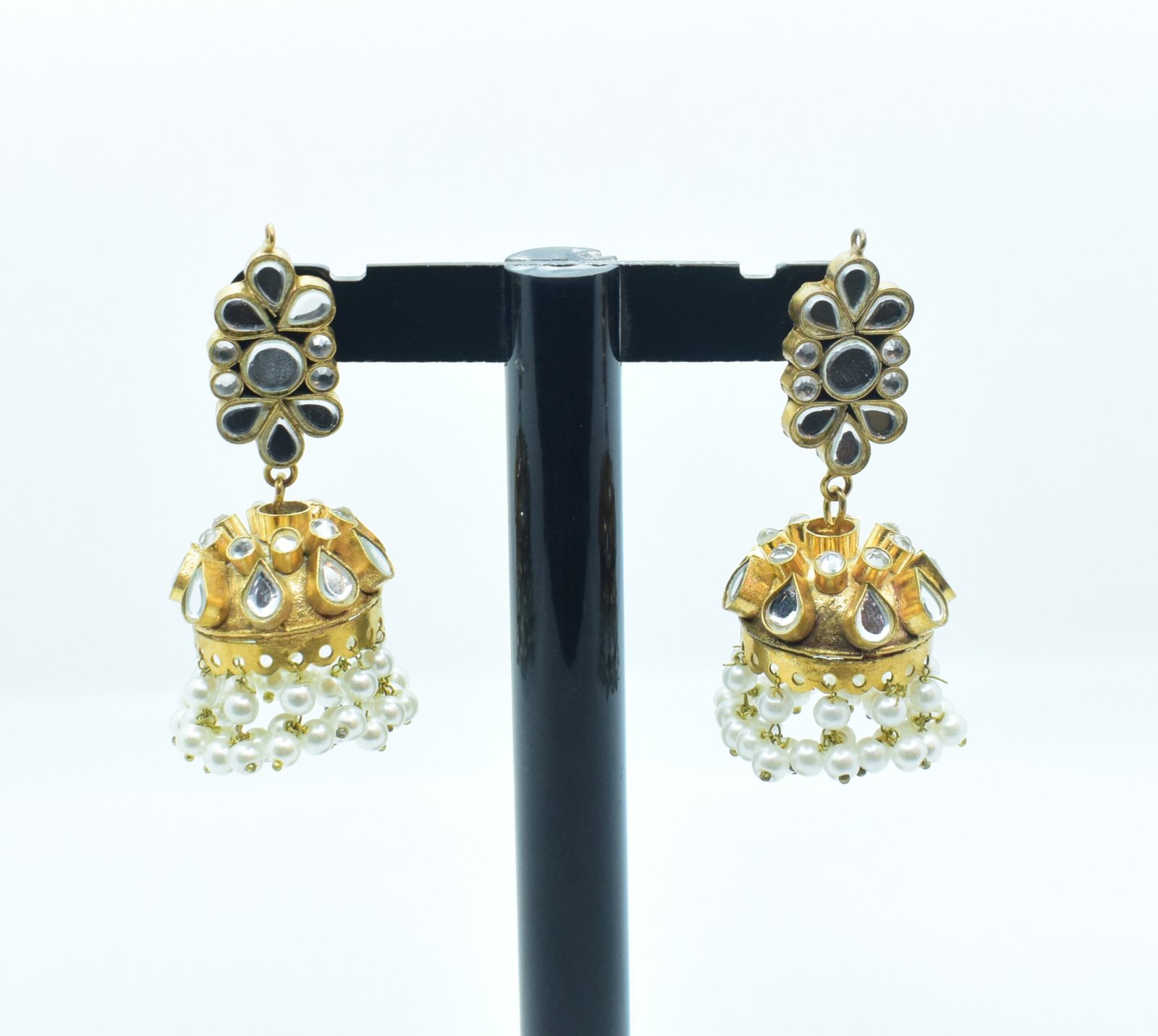 Pearl & Zircon Kundan Jhumka Earrings – 24K Gold Plated