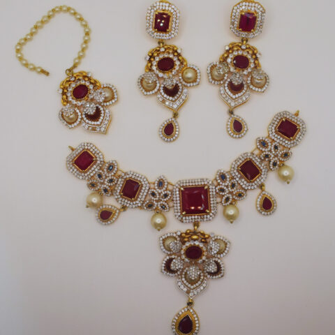 Red Stone & Pearl Bridal Necklace Set with Earrings & Tika – 24K Gold Plated