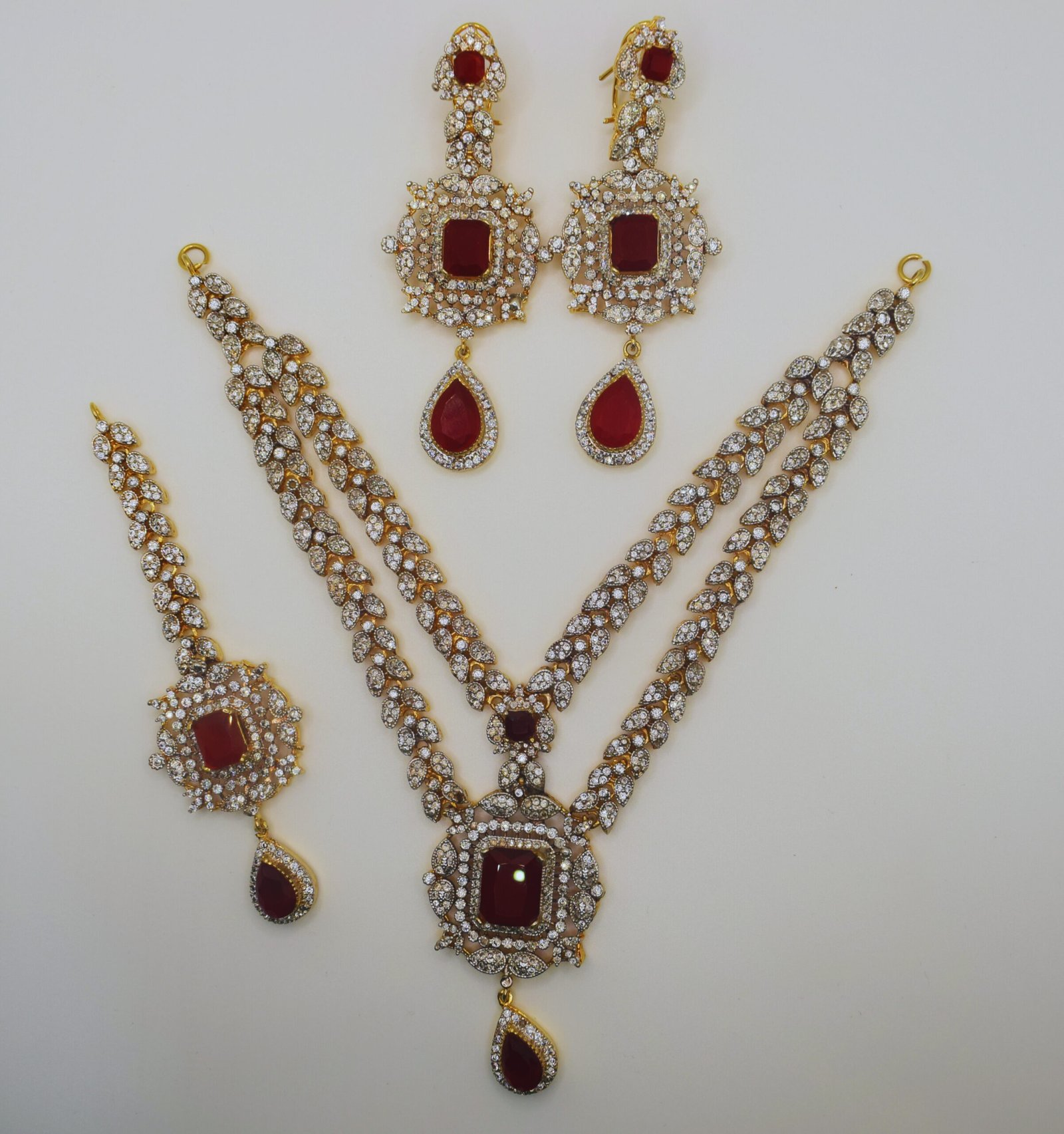 Red Stone & Zircon Bridal Jewelry Set with Necklace, Earrings & Tika – 24K Gold Plated