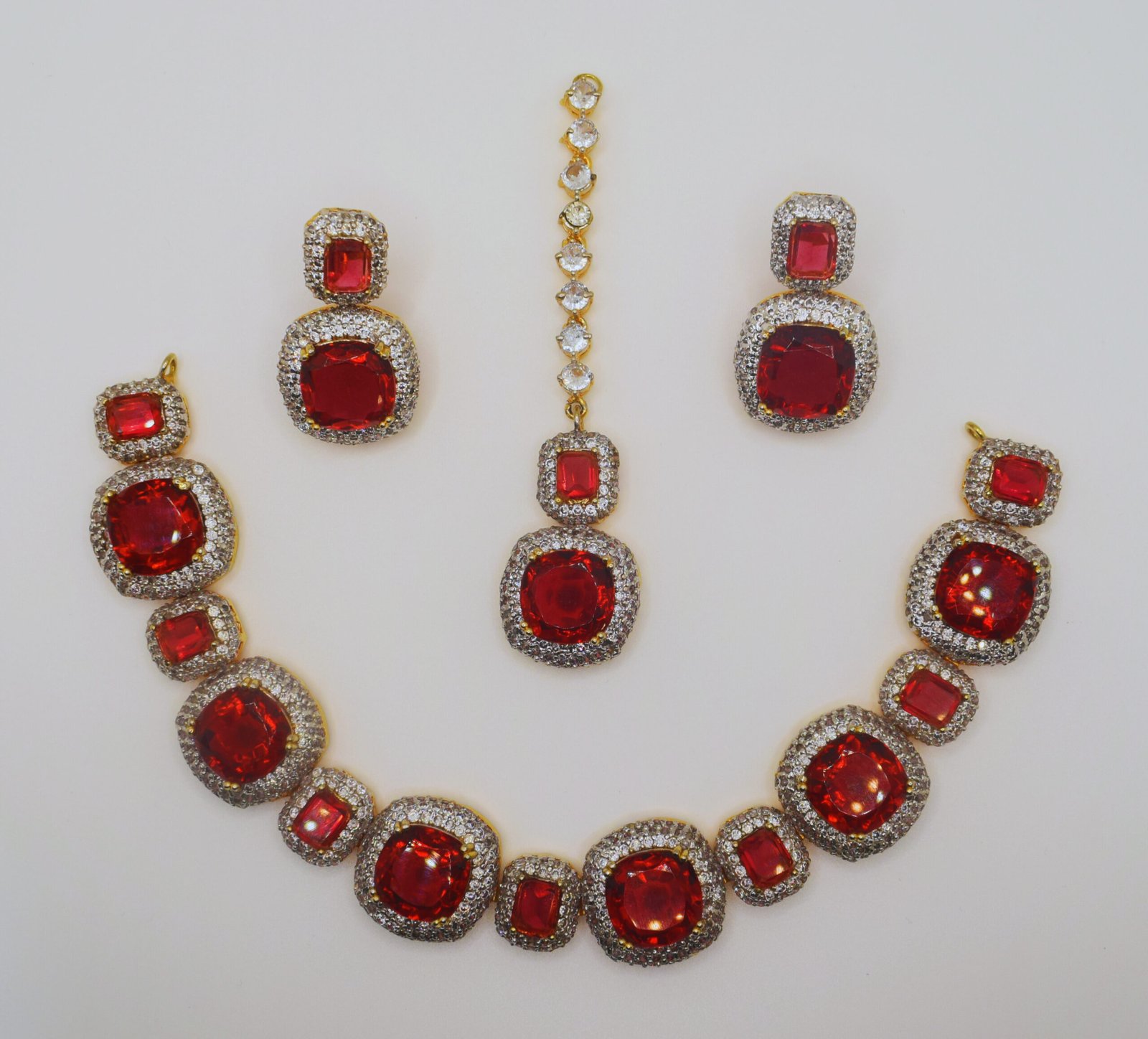 Ruby Red Kundan Bridal Jewelry Set with Zircon – 24K Gold Plated
