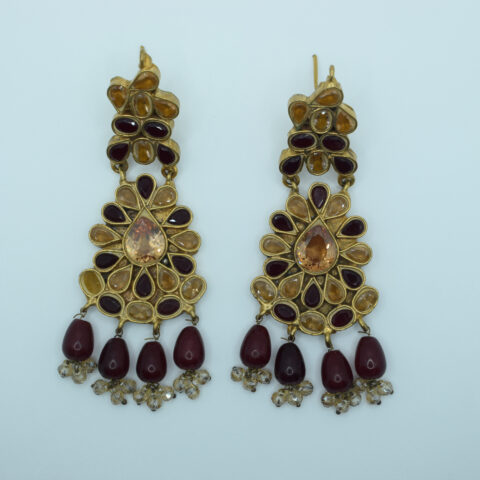 Amber, Ruby and Zircon Kundan Earrings – 24K Gold Plated