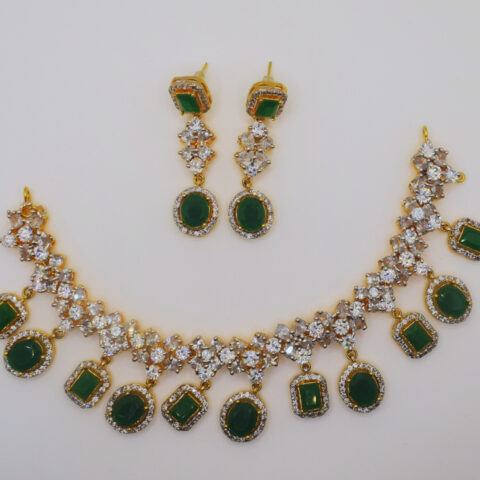 Emerald Green Kundan Necklace Set with Zircon – 24K Gold Plated