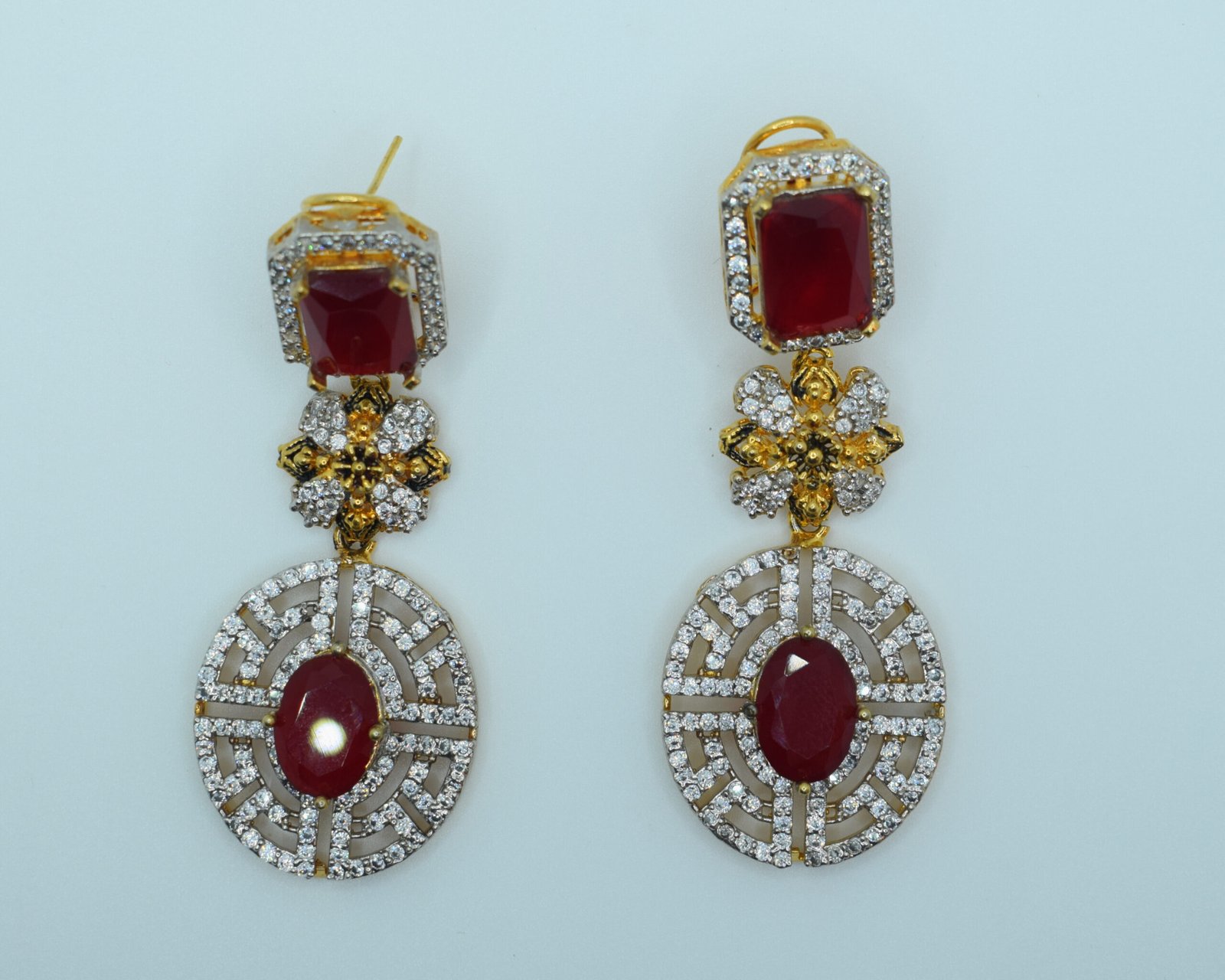 Ruby & Zircon Statement Earrings – 24K Gold Plated