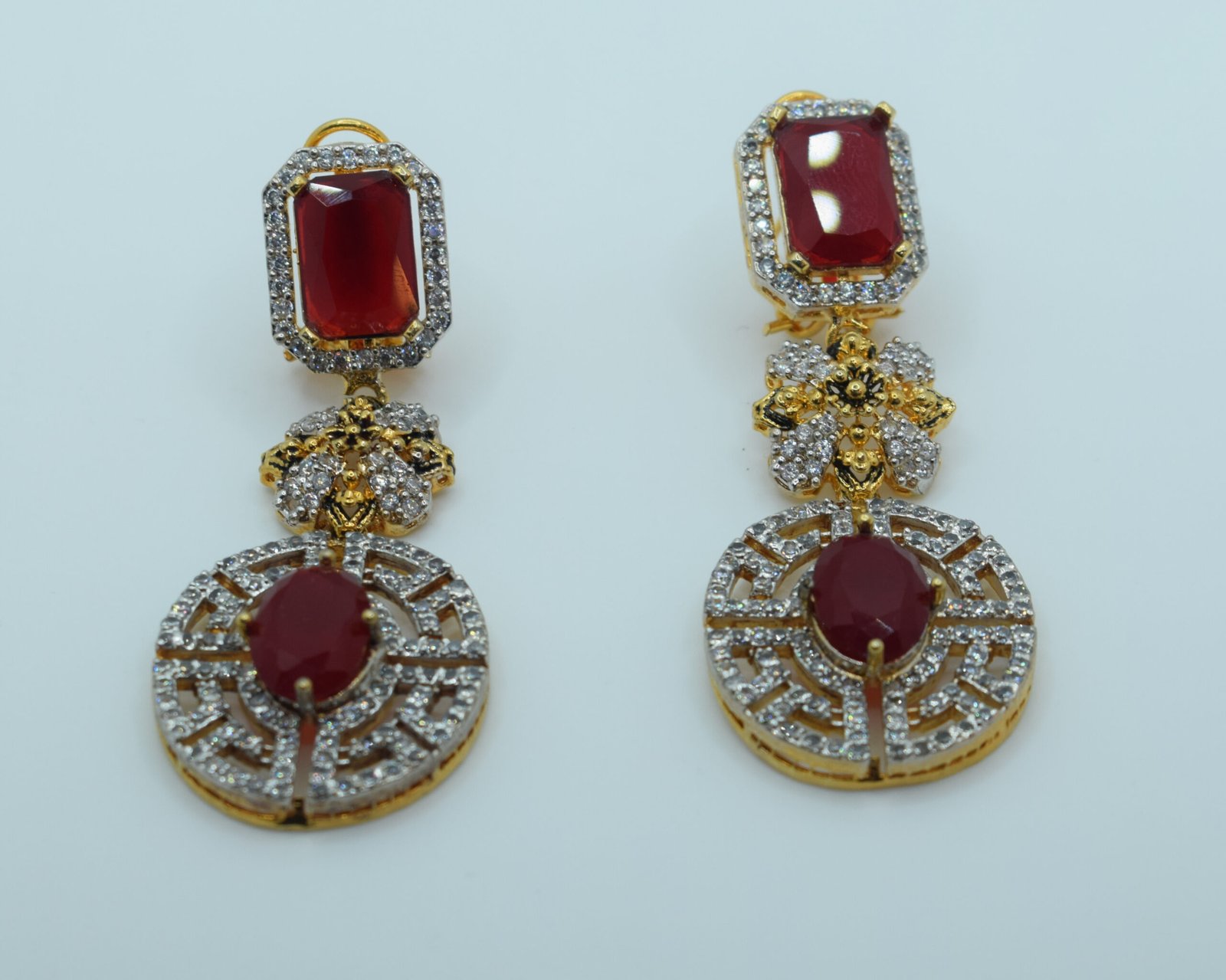 Ruby & Zircon Statement Earrings – 24K Gold Plated - Image 2
