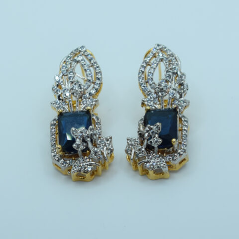 Blue Stone & White Zircon Earrings – 24K Gold Plated