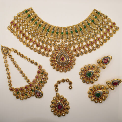 Traditional Gold Bridal Jewelry Set – Red, Green, White Stone - 24K Gold Plated
