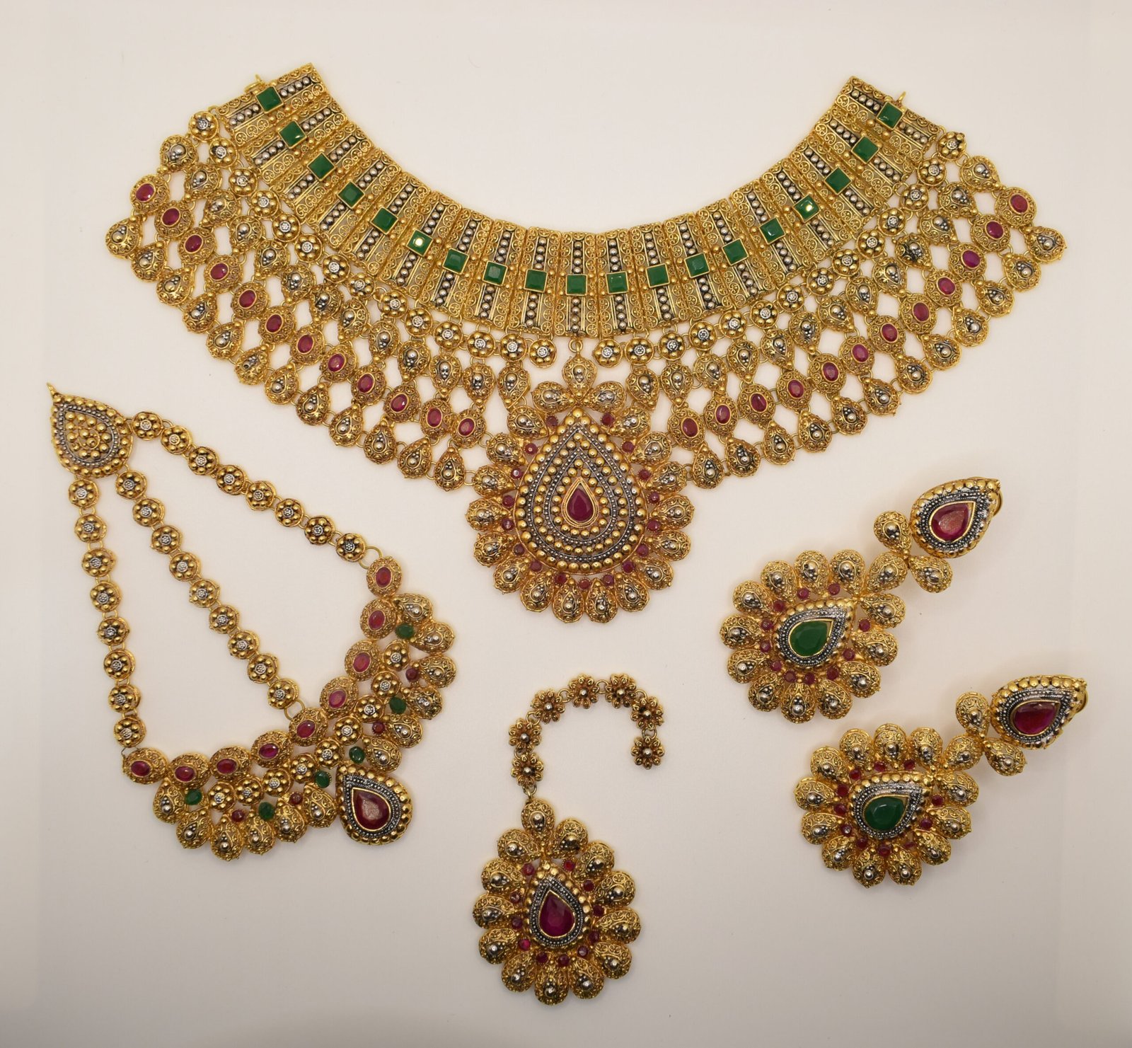Traditional Gold Bridal Jewelry Set – Red, Green, White Stone - 24K Gold Plated