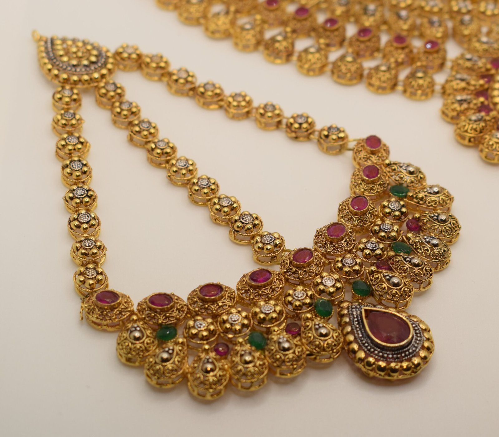 Traditional Gold Bridal Jewelry Set – Red, Green, White Stone - 24K Gold Plated - Image 2