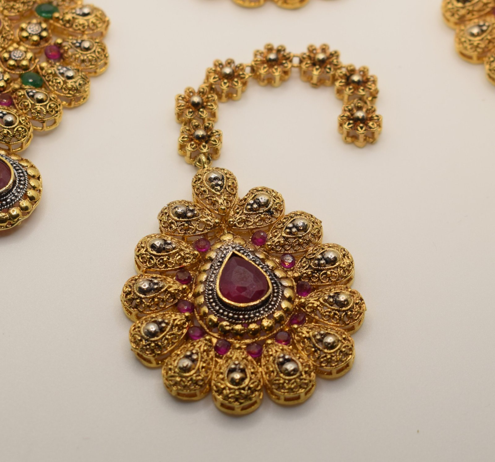 Traditional Gold Bridal Jewelry Set – Red, Green, White Stone - 24K Gold Plated - Image 3