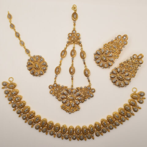 Gold Bridal Jewelry Set with White Zircon Stones - 24K Gold Plated