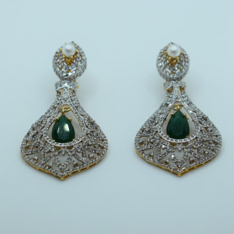 Emerald & White Zircon Drop Earrings – 24K Gold Plated