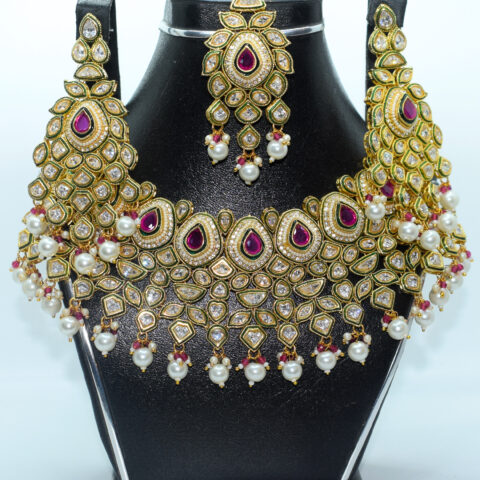 Kundan Ruby Zircon Bridal Set – 24K Gold Plated with Pearls