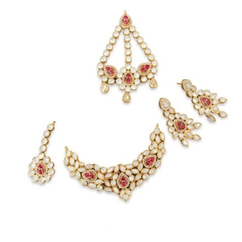 Gold Plated Antique Kundan Bridal Set with Red Ruby Stones – 24K