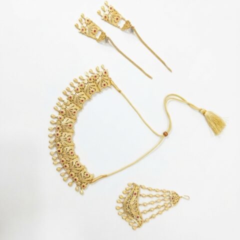 Gold Plated Antique Bridal Set with Red Ruby Stones – 24K
