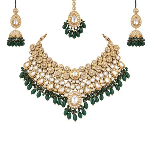 24K Gold Plated Kundan Bridal Set with Green Emerald Drops
