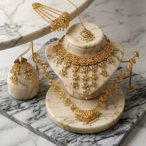 Gold Plated Antique Bridal Set with Red Ruby Stones – 24K