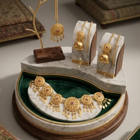 Gold Plated Antique Bridal Set with Red Ruby Stones – 24K