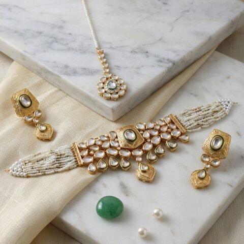 24K Gold Plated Kundan Pearl Choker Set with Green Meenakari